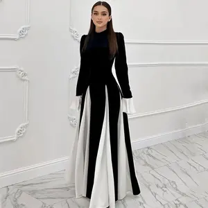 Vintage High Waist Pleated Maxi Dress Spring Autumn Flared Sleeves Ladies Elegant Patchwork Club Party Long Dress