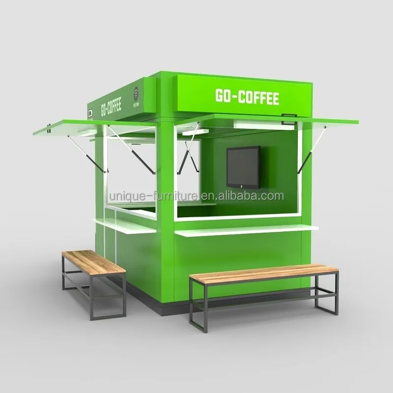 Retail Booth Outdoor Kiosk Design Attractive Green Street Food Store Furniture with Seating Chairs Coffee Display Stand for Sale