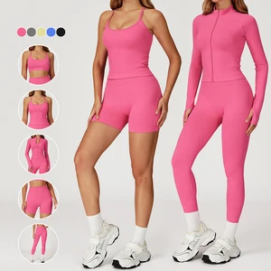Factory Custom Seamless 5 Piece Sports Fitness Sets Stand Collar Zipper Womens Quick Drying Running Breathable Tight Gym Sets