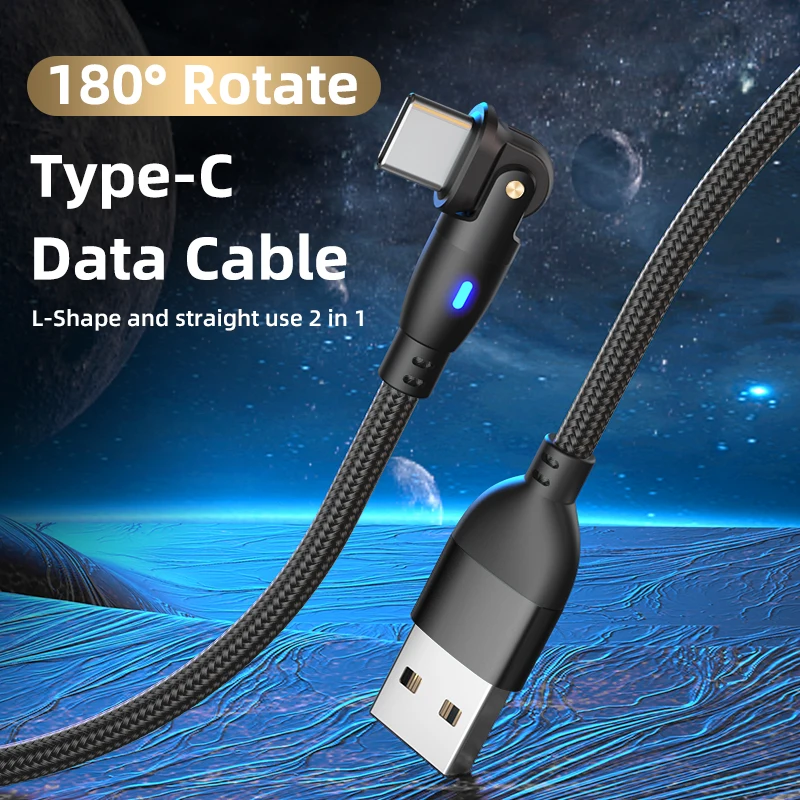 For Samsung for Xiaomi Fast-Charging 180° Rotatable 3A USB Type-C Micro USB-C Cable 180° Right-Angle for Mobile Phones Computers
