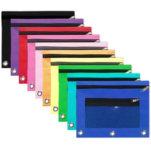 F1740 Oxford Cloth Double Mesh Pencil Case Binder 10 Color Zipper with Transparent Cover Stationery File Bag Document