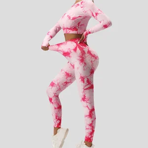 Long-Sleeved High-Waist Peach Abdomen Tie-Dye Fitness Yoga Sports Suit 2 Piece Seamless Tight-Fitting Set