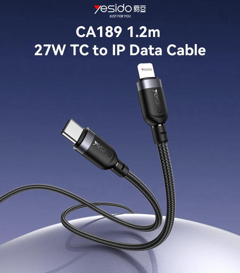 Yesido CA189 1.2M PD 27W charge rapide type-c vers IP Max avec câble de données tressé de transfert de données 480Mbps