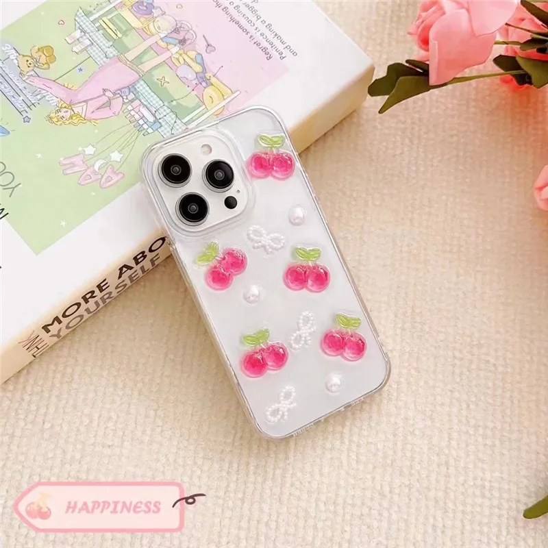 3D Cherry iPhone Case with Butterfly & Pearl Design