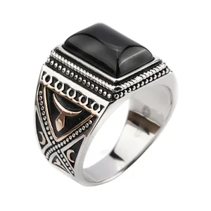 Black  Ring Vintage Mens Ring with Natural Stone Fine Jewelry Men Rings Jewelry 925 Sterling Silver Lot