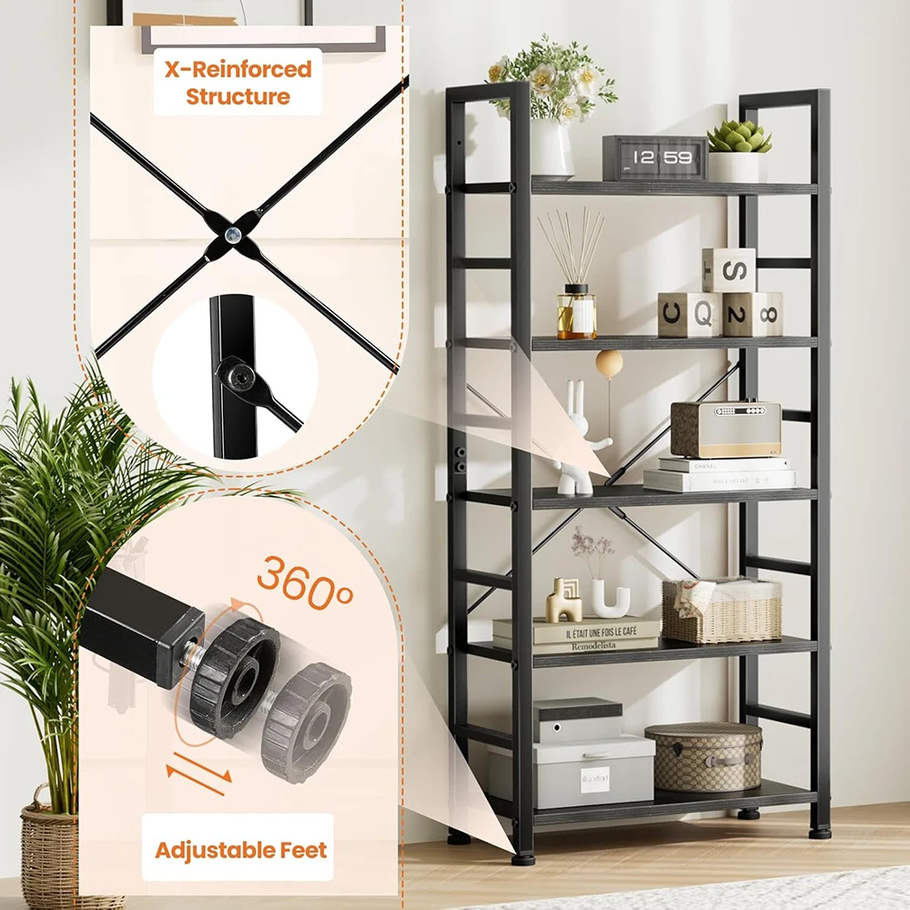 product 5 tier wooden rustic modern tall bookcase storage organizer for home office living room  bedroom-1