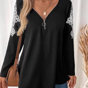 V-neck Half Zipper Fall Fashion Casual Long-sleeved Shirt Top Women Pullovers for Ladies