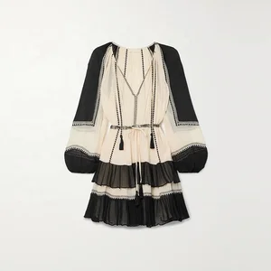 Clothing Manufacturer Custom Spring Autumn V Neck Long Sleeve Elegant Casual Women Embroidered Mini Dress