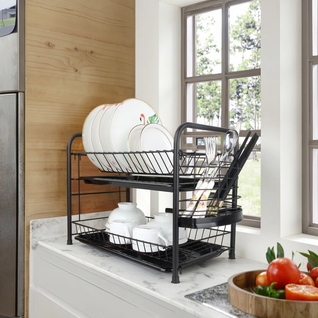 Hot Selling Metal Plate Dish Drainer Rack Commercial Drying Dish Rack  Double Tier Dish Rack for Kitchen