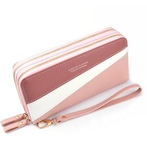 Factory Supply Stylish Double-Layer Zipper Pu Women's Wallet Handbag Contrast Color Mobile Phone Car Bag Fashionable Lady's