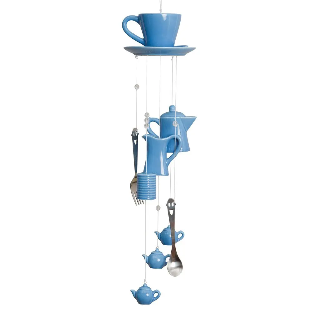 Ceramic Wind Chime Indoor/outdoor Coffee Cup Chimes -Blue Ceramic Cup, Pitcher, Coffee Pot and Silverware Chime - Measures 17-3/