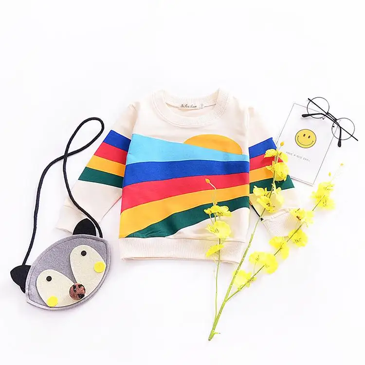 Детская футболка для маленьких девочек, детские европейские модные новые брендовые топы, хлопковые радужные рубашки