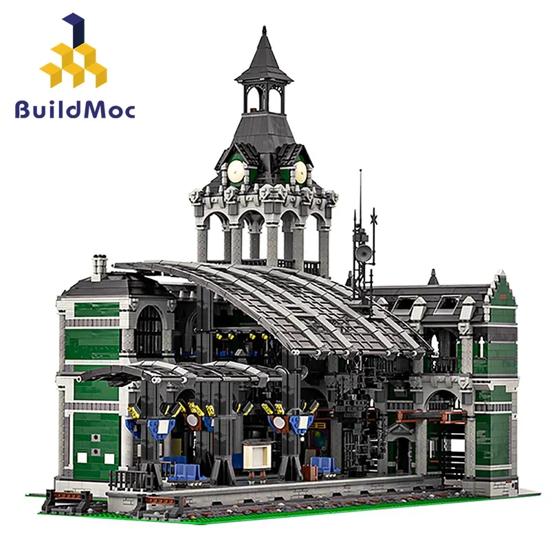 MOC-37719 Modular Train Station Building Blocks Set Architecture Railway Station Bricks Street View Toys For Children Xmas Gifts-777011