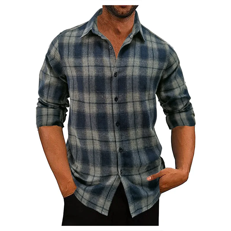 Wholesale high quality lapel Checked new style long sleeve casual shirts for men work shirt76_voghion.com