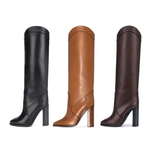 2020 Autumn/Winter New Breathable High-Heeled Genuine Leather Knee-High Chunky Heel Slip-On Fashion Boots European American