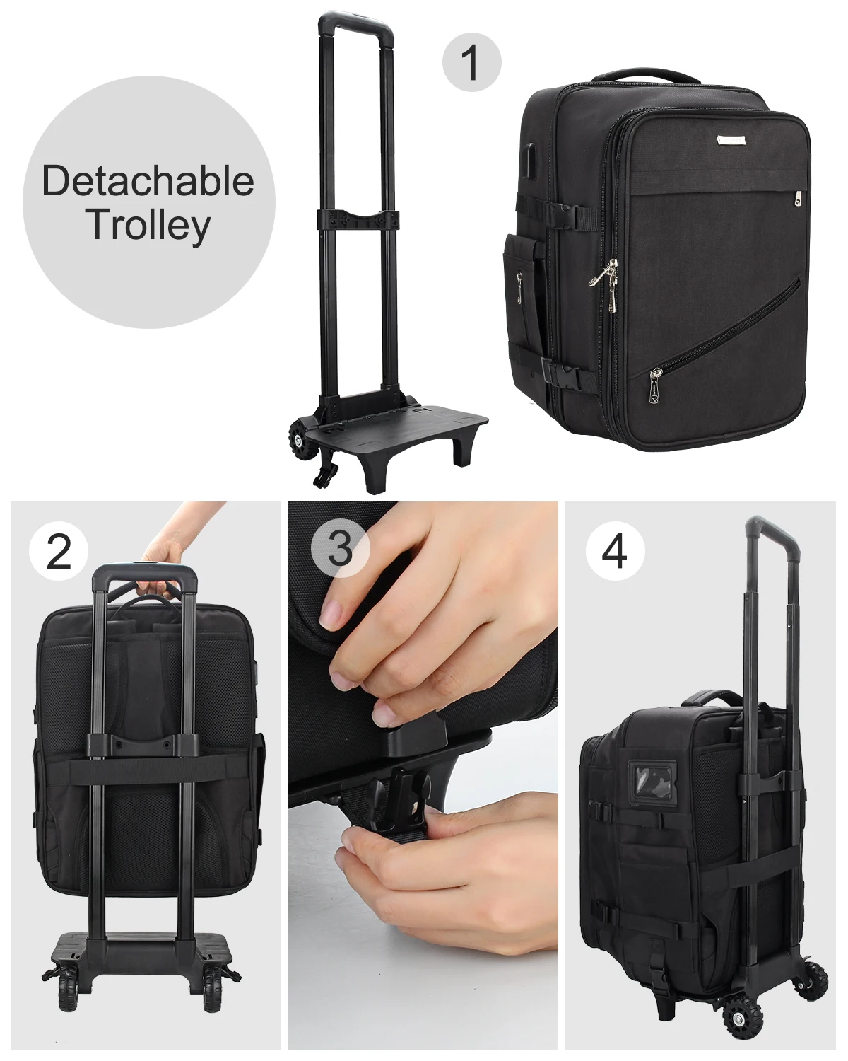 ReIaveI Adjustable Makeup Artist Handcart Hairdresser Backpack USB Rolling Train Case Zipper Closure for Hairstylist Travel Bag