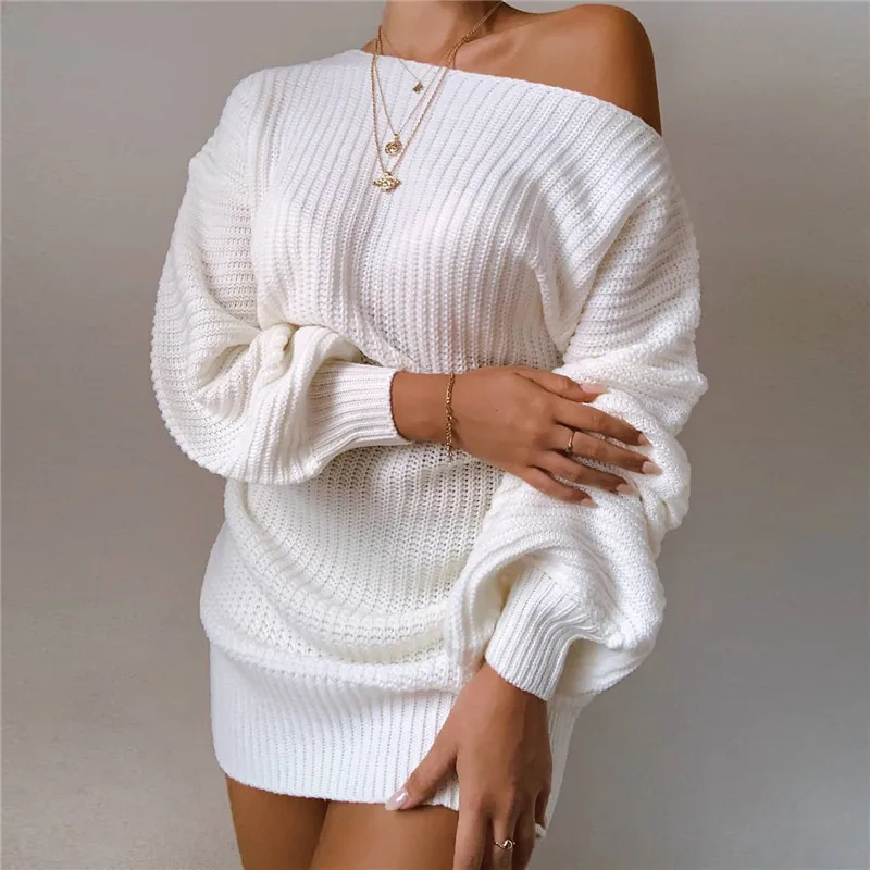 
 Повседневный свободный однотонный пуловер, стильное пикантное белое платье с открытыми плечами и длинным рукавом, женские зимние вязаные женские платья-свитеры  