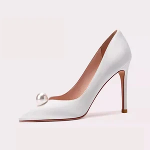 Exquisite White Satin Stiletto Pumps Pointed-toe with Pearl Embellishment Ideal for Bridal and Formal Events