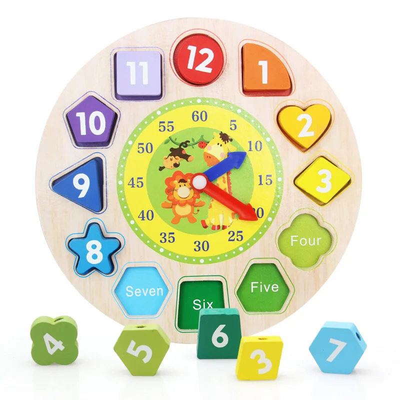 Wooden Shape Color Sorting Clock Teaching Time Number Blocks Puzzle Stacking Sorter Jigsaw Montessori Early Learning Toys