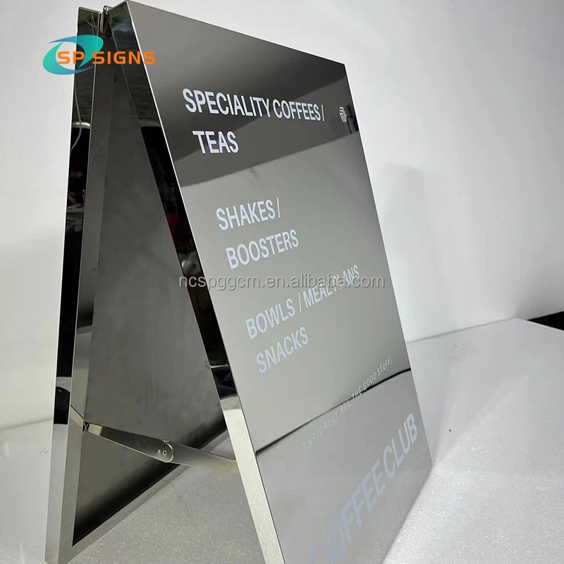 SP Custom 8k 12K Sliver Gold Mirror Stainless Steel A-frame Signage Double Side Stand Advertising Board Business Sign Outdoor