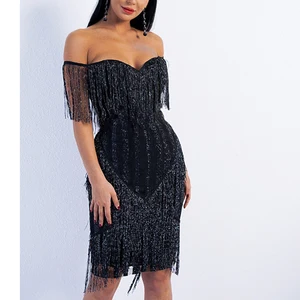 Factory Luxury Sequined New Sexy Deep V Tassel Evening Dress Elegant Slim Bodysuit Hip Skirt Off-Shoulder Ball Gown Knee-Length