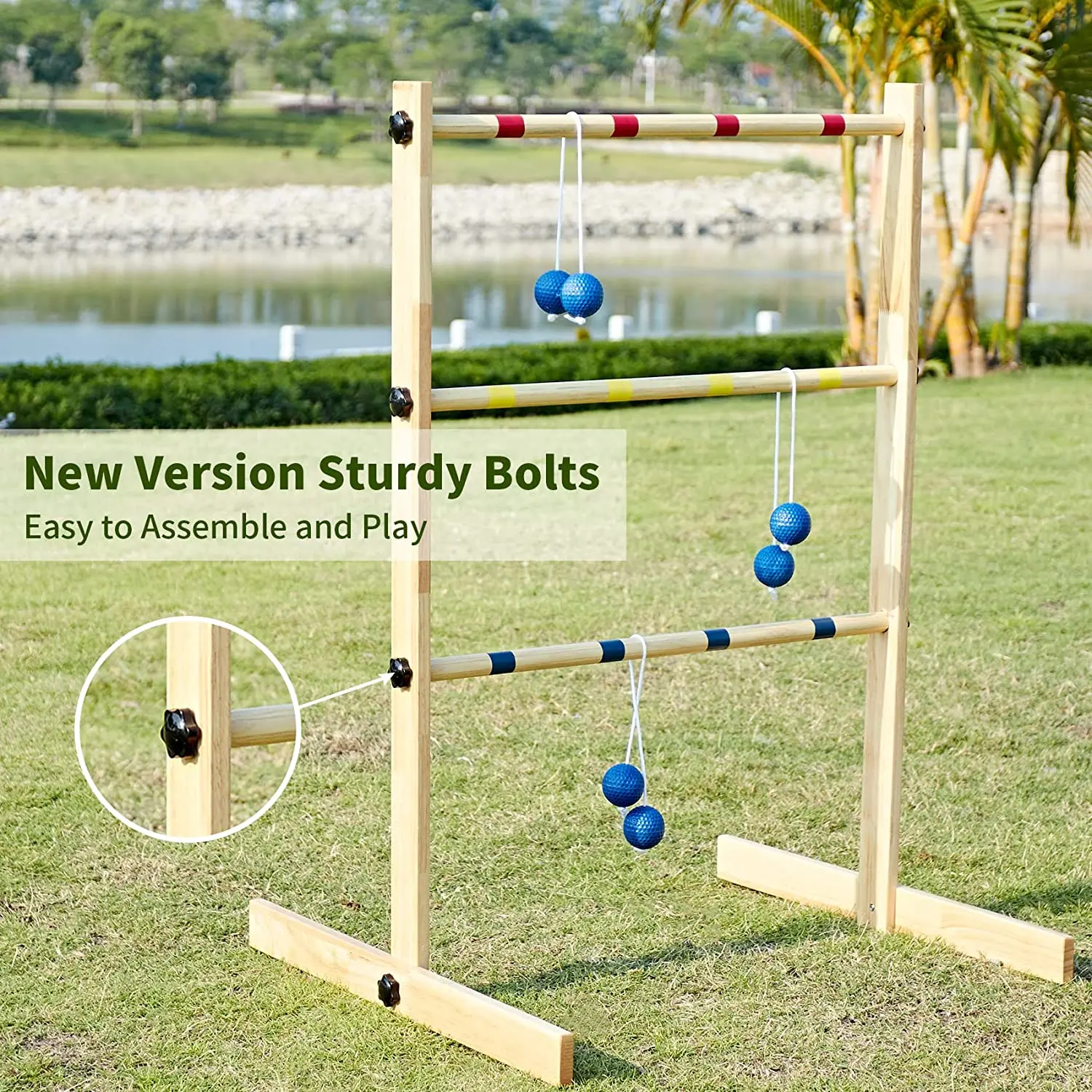 Wooden Golf Ladder Lawn Game With 6 Bolos Balls And Carrying Case