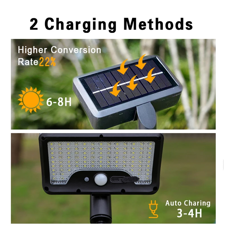 Novo design à prova d'água com suporte de polvo, 92 luzes de jardim solares LED tipo C, sensor de movimento recarregável, luzes de cerca solares LED