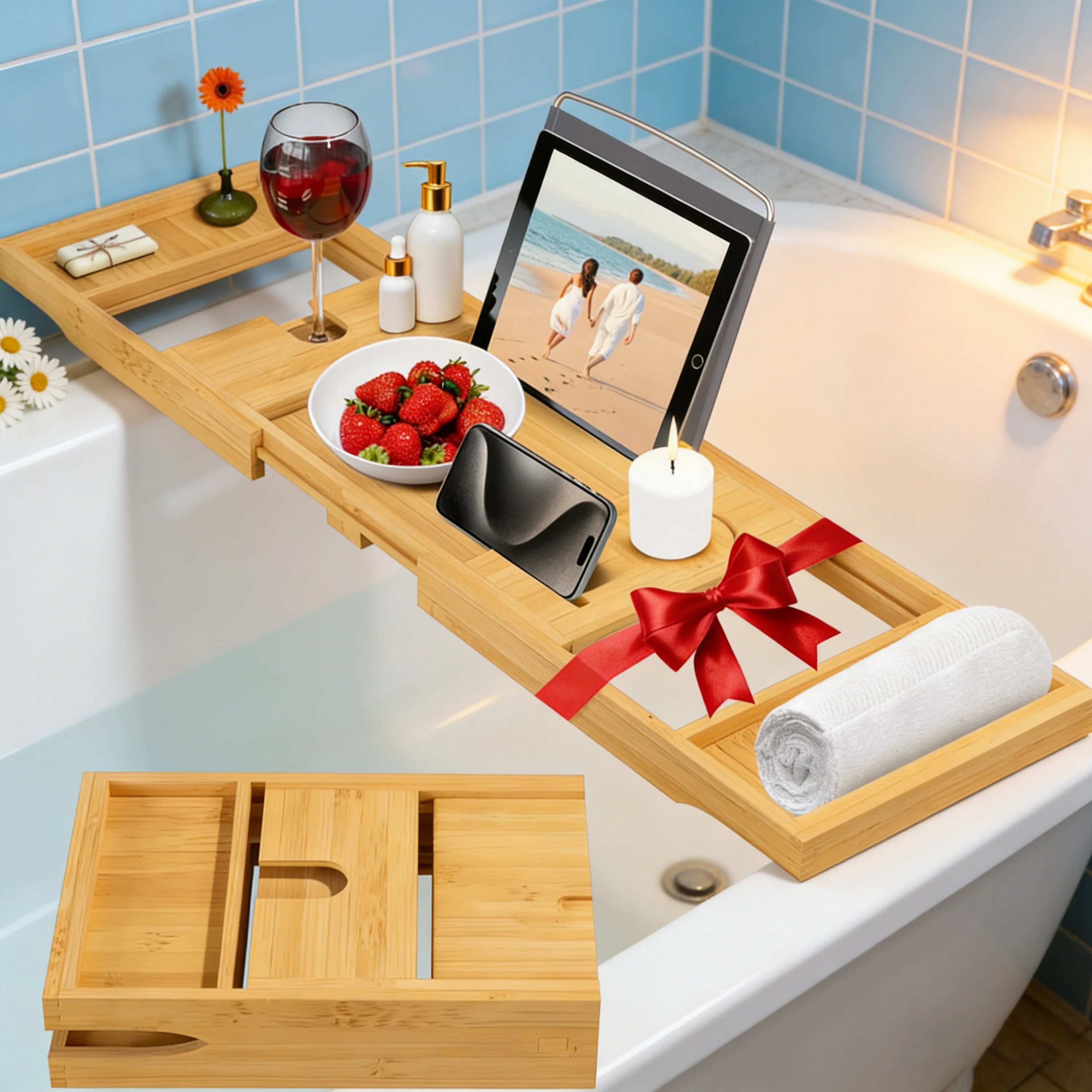 Bamboo Expandable Bathtub Caddy Tray with Tablet Wine Glass Holder Luxury Bath Tub Organizer for Spa