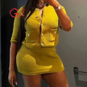 GX2756 Fashion Sexy Outfit 2026 Elegant Street Wear Women O-Neck Knitted Half Sleeve Top and Mini Skirt 2 Piece Set