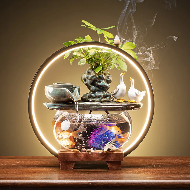 Creative Glass Fish Tank Living Room Desktop Circulation Flowing Ornaments Mini Waterfall Water Fountain With Light