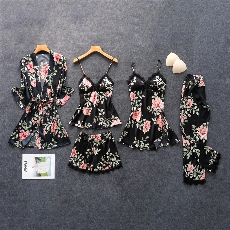 Factory Supply Custom Floral Pajamas Set Five Pieces Satin Homewear for Women