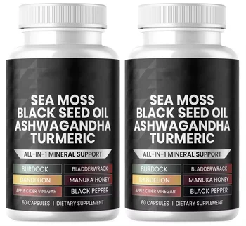 OEM Sea Moss Capsules with Black Seed Oil Ashwagandha Turmeric Blend Bladderwrack Burdock All-in-1 Immune Support Capsules