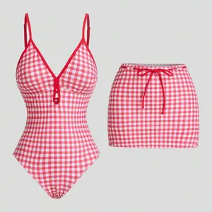 Huili Manufacturer Oem Women Checkered Beachwear Swimwear Custom logo Print Design Skirt & One Piece Red Gingham Swimsuit Set