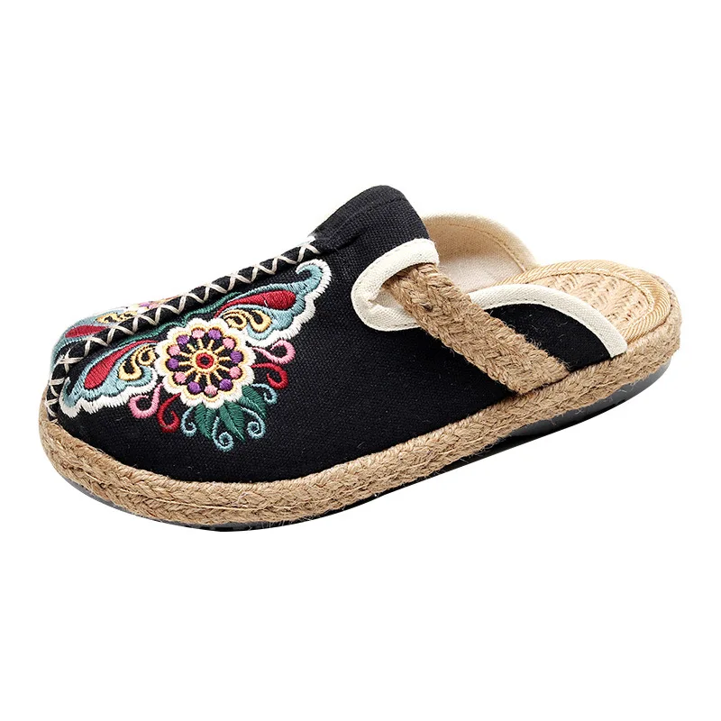 women  3 color flower embroidered breathable linen shoes ethnic flavor graceful  fisherman shoes