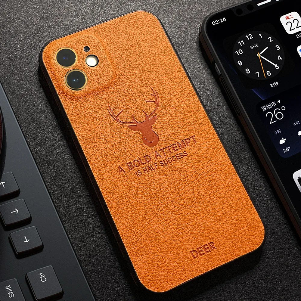 Hot Selling Deer Leather Back Cover Case PU TPU Hybrid Soft Rubber Cover  for iPhone 12 Pro 13 Pro Max Mobile Cases