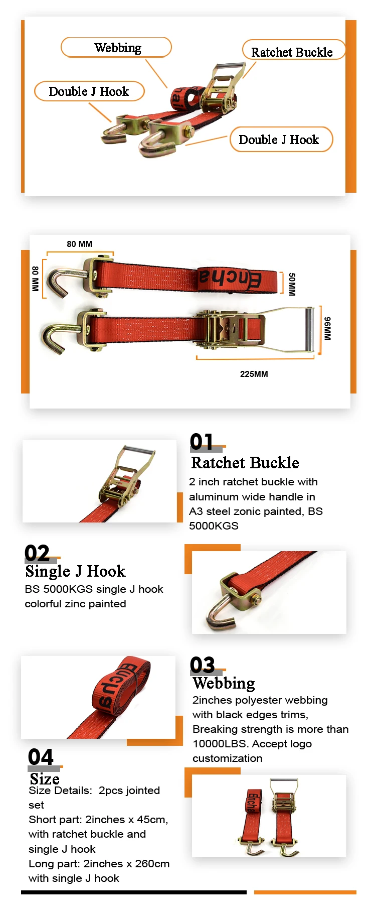 2 Inch Wll 3335lbs 1515 Kg Customized Cargo Lashing Belt Plastic Ergo