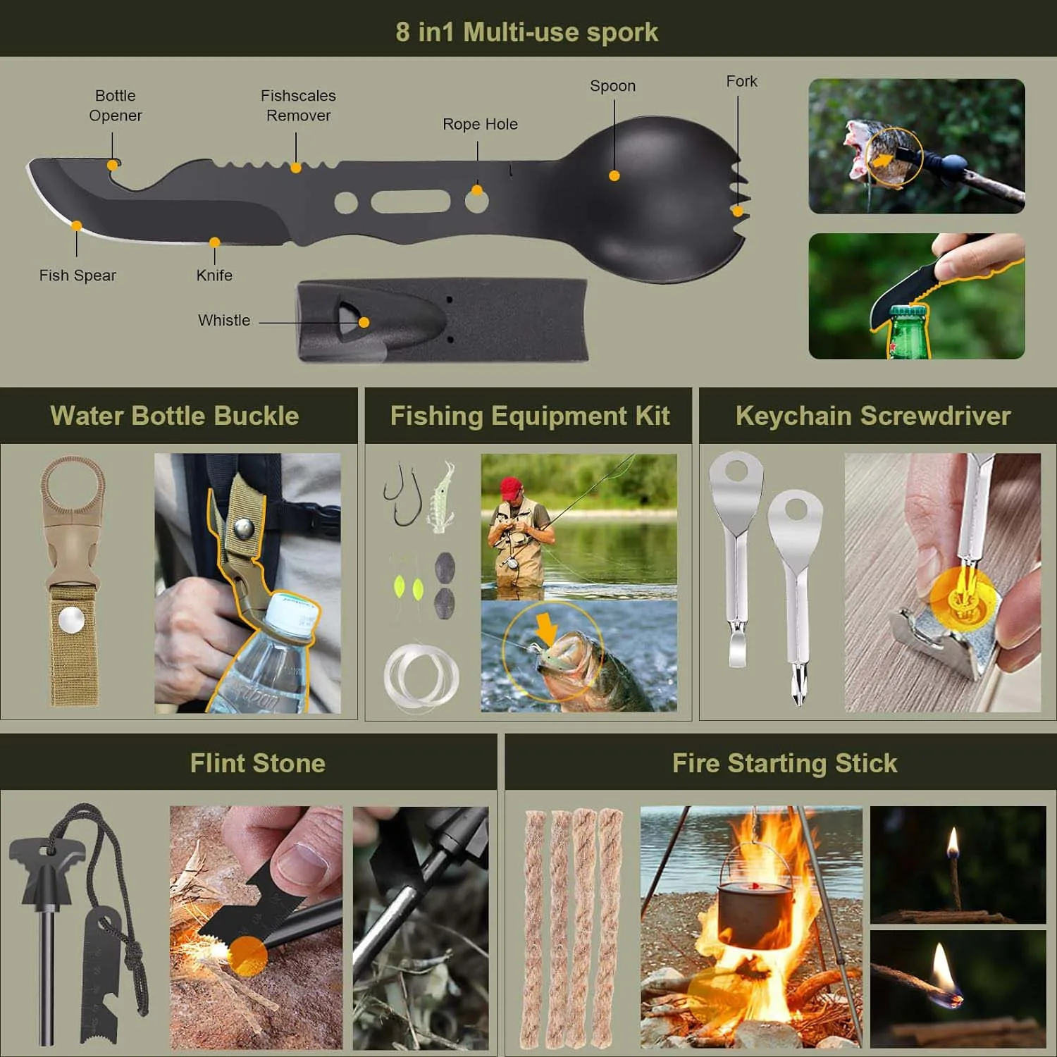 Emergency Survival Kit Outdoor Survival Gear Tool Bracelet Fire Starter Whistle Wood Cutter Water Bottle Clip Pen Camping Hiking details