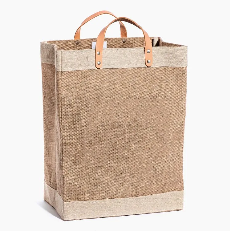 2021 custom waterproof coated leather handle jute bag burlap