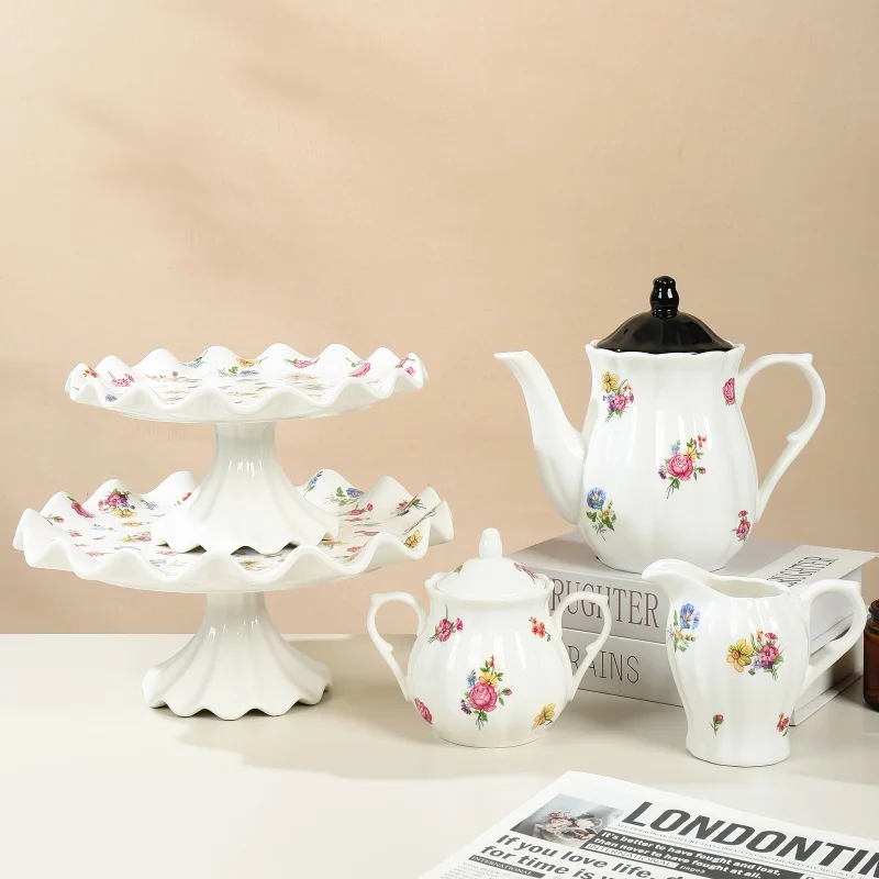 Wholesale Luxury Luxurious Party Modern Floral Ceramic Porcelain Cake Plate Stand Teapot Sugar Container Tableware