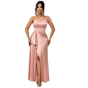 Custom Design Strapless Satin Evening Dress Tube Top Empire Waist Ruffle Slit Maxi Length Solid Pattern Eco-Friendly Digital