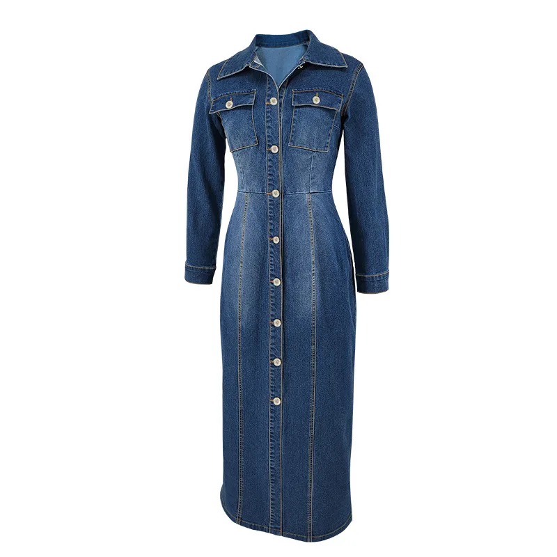 chinese dress ladies myzgx Women's Long Sleeve Tiered Jean Tunic Dress Summer Flowy Swing A-Line Maxi  Long Denim Dress (X-Small, Blue) at Amazon Women's Clothing store main image 1