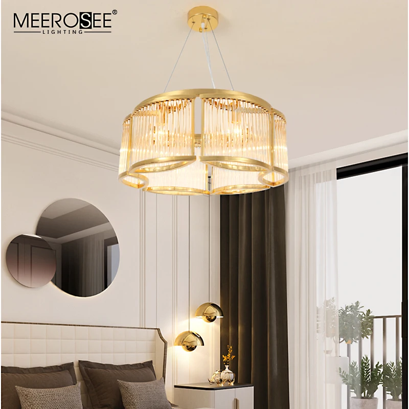 MEEROSEE 2021 round indoor luxury pendant light gold iron hanging lights home modern crystal chandelier MD86711