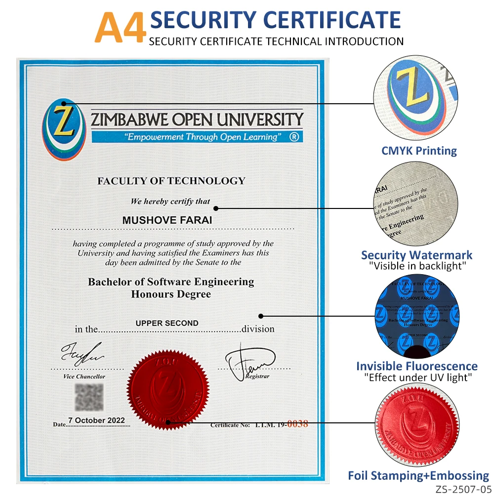 Kertas Keaslian A4 Custom Gold Sertifikat dengan Pita Segel Timbul Berwarna Merah dan Cetakan Watermark Kertas Karton