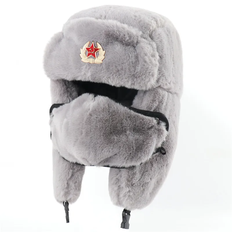 Russian Soviet Hats Artificial Rabbit Fur Ushanka Winter Cold Weather Hat for Men with Soviet Red Star