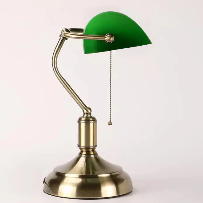 Retro Bar Table Antique Classic Power Tiffany Green Glass Shade Metal Banker Lamp