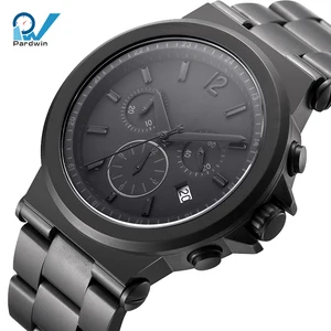 All Black 30mm Stainless Steel Sport Quartz Ronda Movement Chronograph Watch with Pointer Display and Calendar for Men