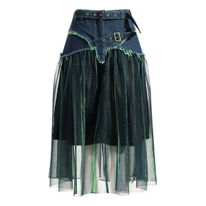 Custom Design New Denim Splicing Mesh Skirt Contrasting Color High Waist Mid-length A-line Skirt