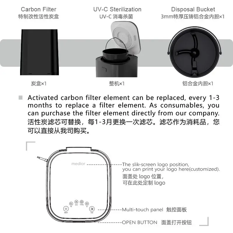 Professional Automatic Kitchen Waste Processor Smart Food Trash Compactor with Odor-Absorbing Filter Lid Lock for Household Use