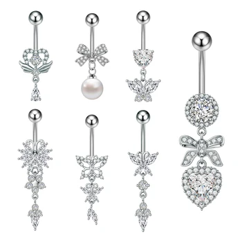 10Pcs/Set Newly Designed Butterfly Heart Belly Ring Pendant Women Sparkling Zircon Inlaid with 316L Steel Navel Piercing Jewelry