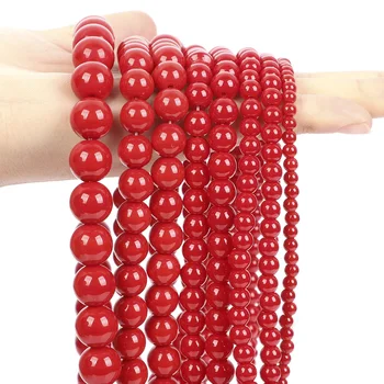 Red Coral Color Agate Glass Beads Round Loose Beads For Jewelry Making DIY Bracelets Handmade